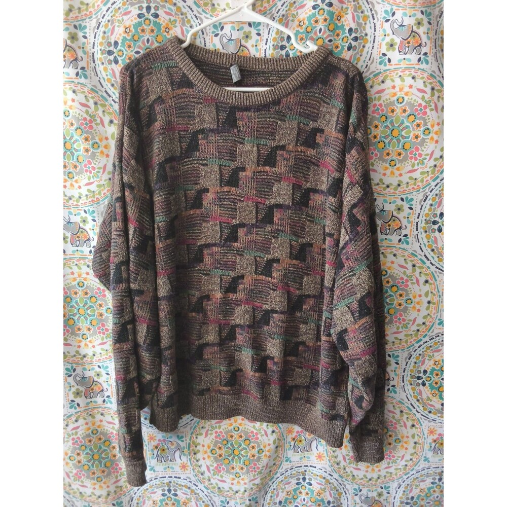 VTG TSR USA Sweater Men's LARGE Brown Geometric 90s Grandpa Cosby Coogi Style